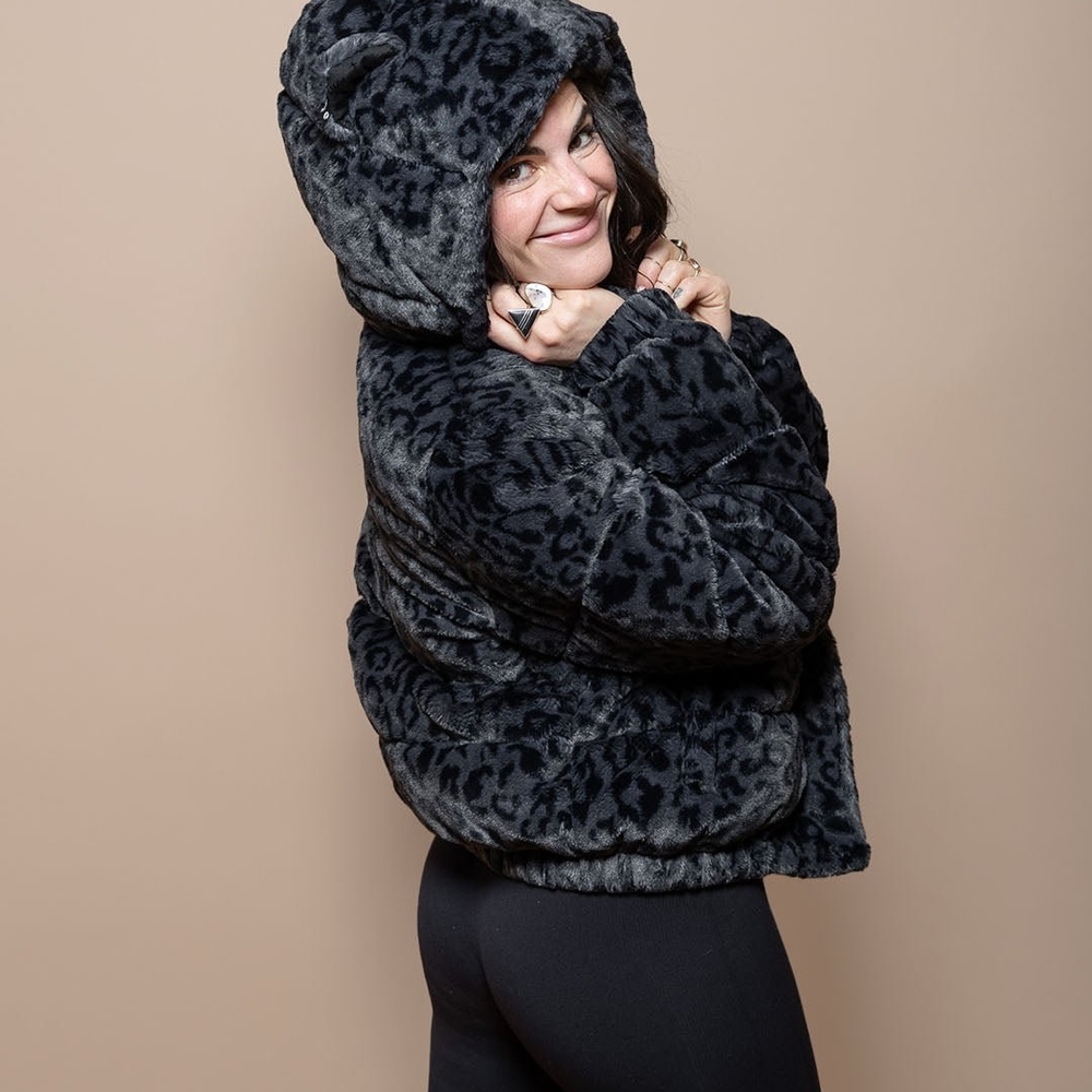 Women's Black Leopard Print Faux Fur Jacket